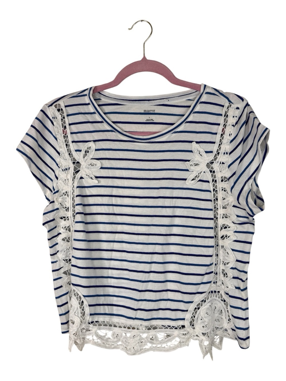 Maeve White Blue Striped Crochet Crop Blouse Womens L Casual Girly Coquette